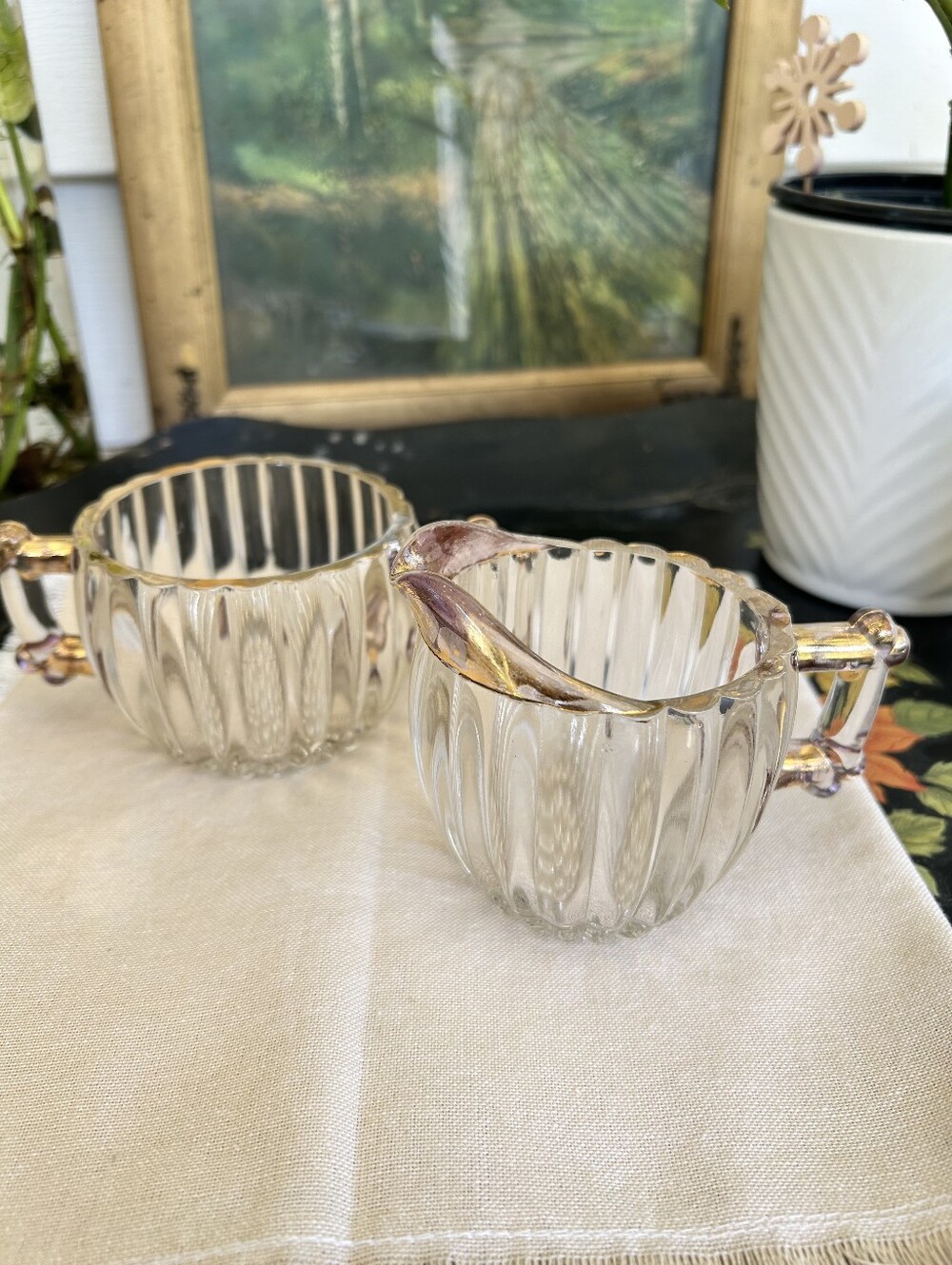 Vintage Pink Smoke Glass Creamer and Sugar Bowl Set | Ribbed Glassware